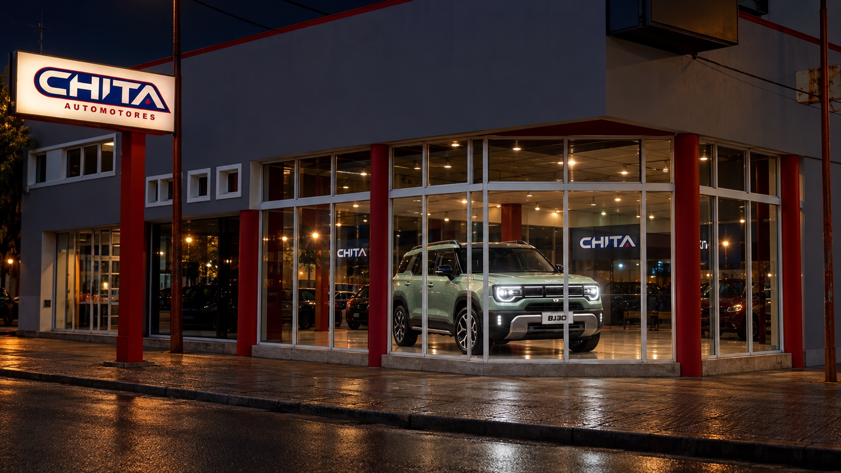 Recreación nocturna de la vidriera de Chita Automotores para esta demo
